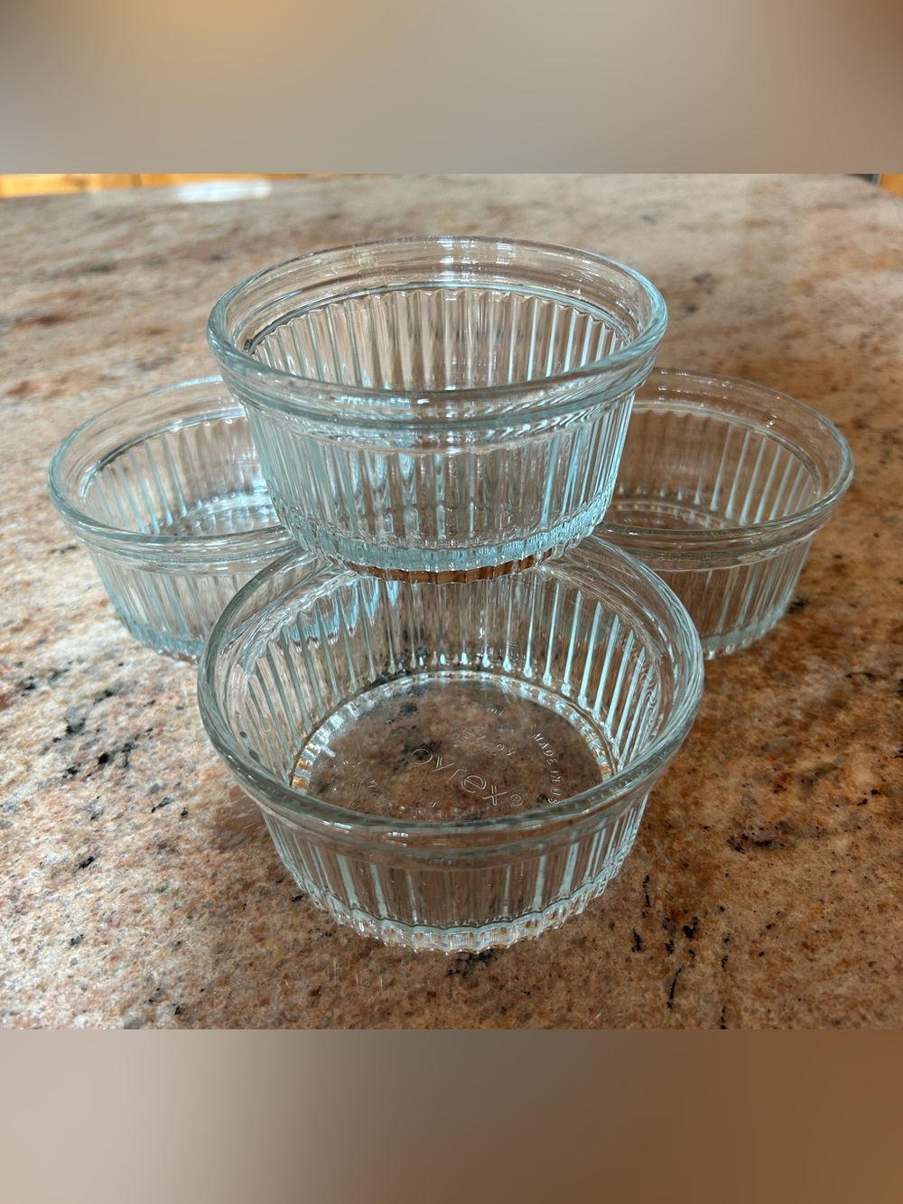 Set of 4 Pyrex S-7-OV Ribbed Glass Aqua Tint 7 oz. Oven Safe Baking Rounds 4.5”W